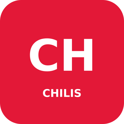 Original red rounded square tile for Chili's menu prices, with a bold monogram in a plain sans and not an official logo.