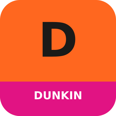 Original orange and pink rounded square tile for Dunkin' menu prices, with a bold monogram in a plain sans and not an official logo.