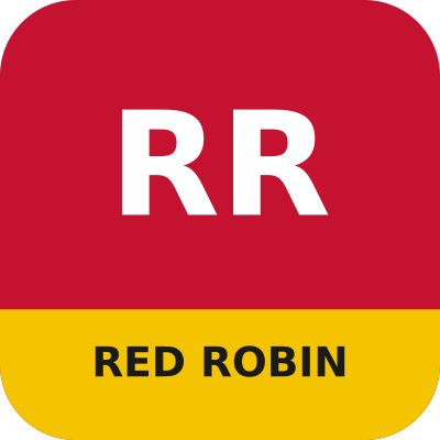 Original red and yellow rounded square tile for Red Robin menu prices, with a bold monogram in a plain sans and not an official logo.