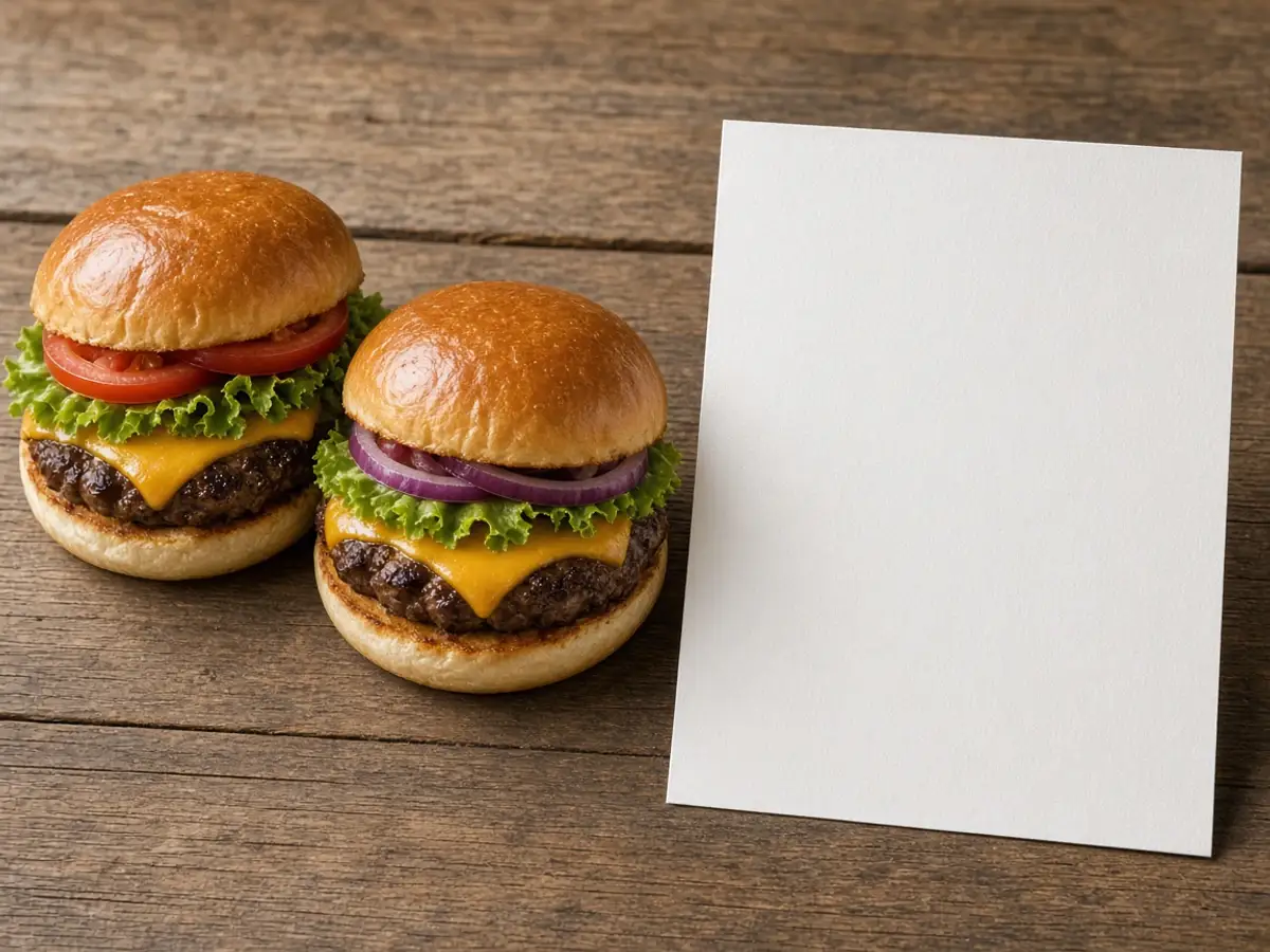 Original food-photo illustration of two burgers beside a blank offer card for the Burger King mix and match page, not an official logo or product photo.