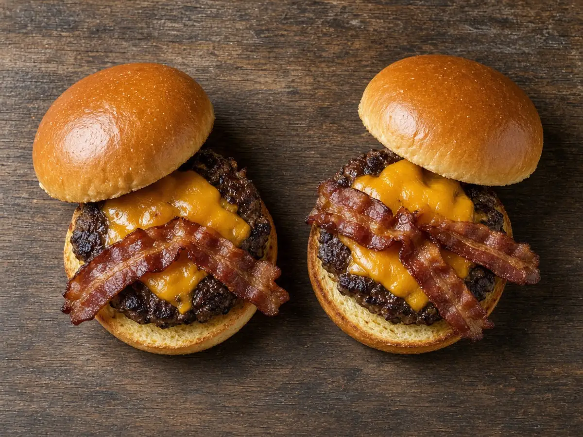 Original food-photo illustration of beef, cheese, bacon, and buns from a two-burger pair for the Burger King mix and match page, not an official logo or product photo.