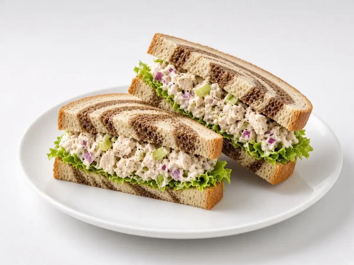Original food photograph of a chicken salad sandwich on swirled bread, cut in half, with no logo.