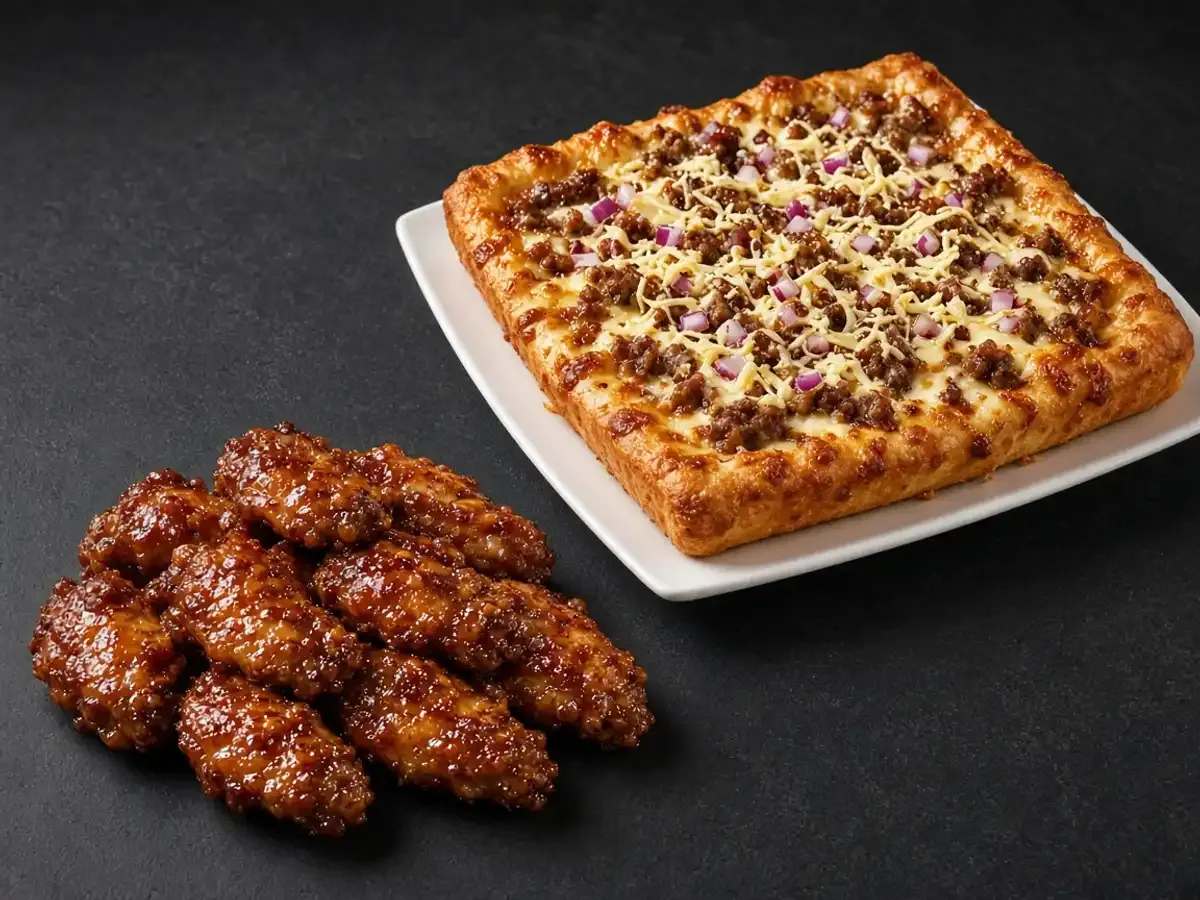 Original food photograph of glazed boneless wings beside a beef and onion pizza, with no logo.