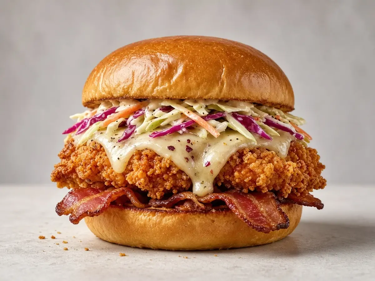Original food photograph of a crispy chicken sandwich with bacon, cheese, and slaw on a brioche bun, with no logo.