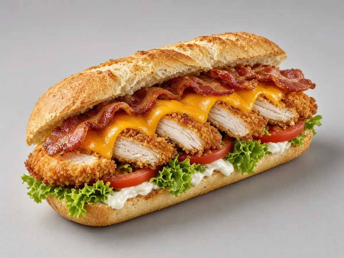 Original food photograph of a turkey club sub with bacon, cheddar, lettuce, and tomato on a toasted bun, with no logo.