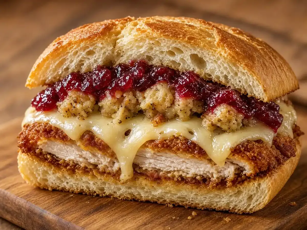 Original food photograph of a turkey sub cut open to show fried turkey, Swiss, stuffing, and cranberry, with no logo.