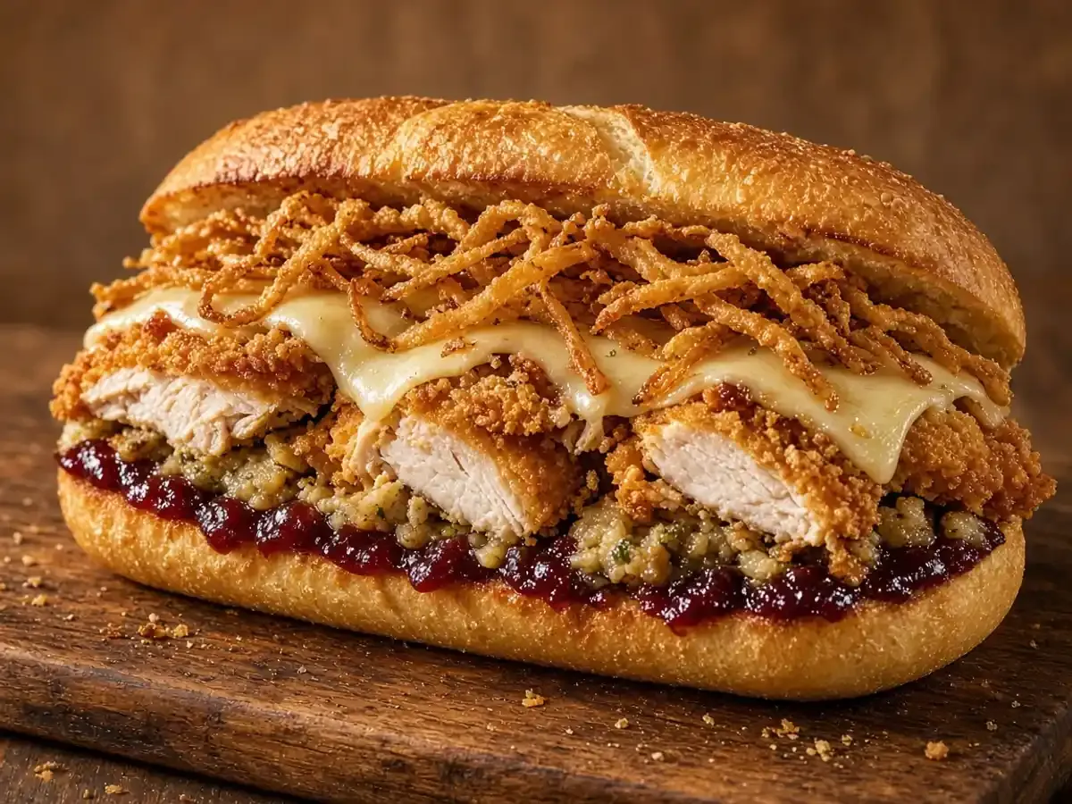 Original food photograph of a toasted turkey sub with Swiss cheese, stuffing, cranberry, and onion strings, with no logo.