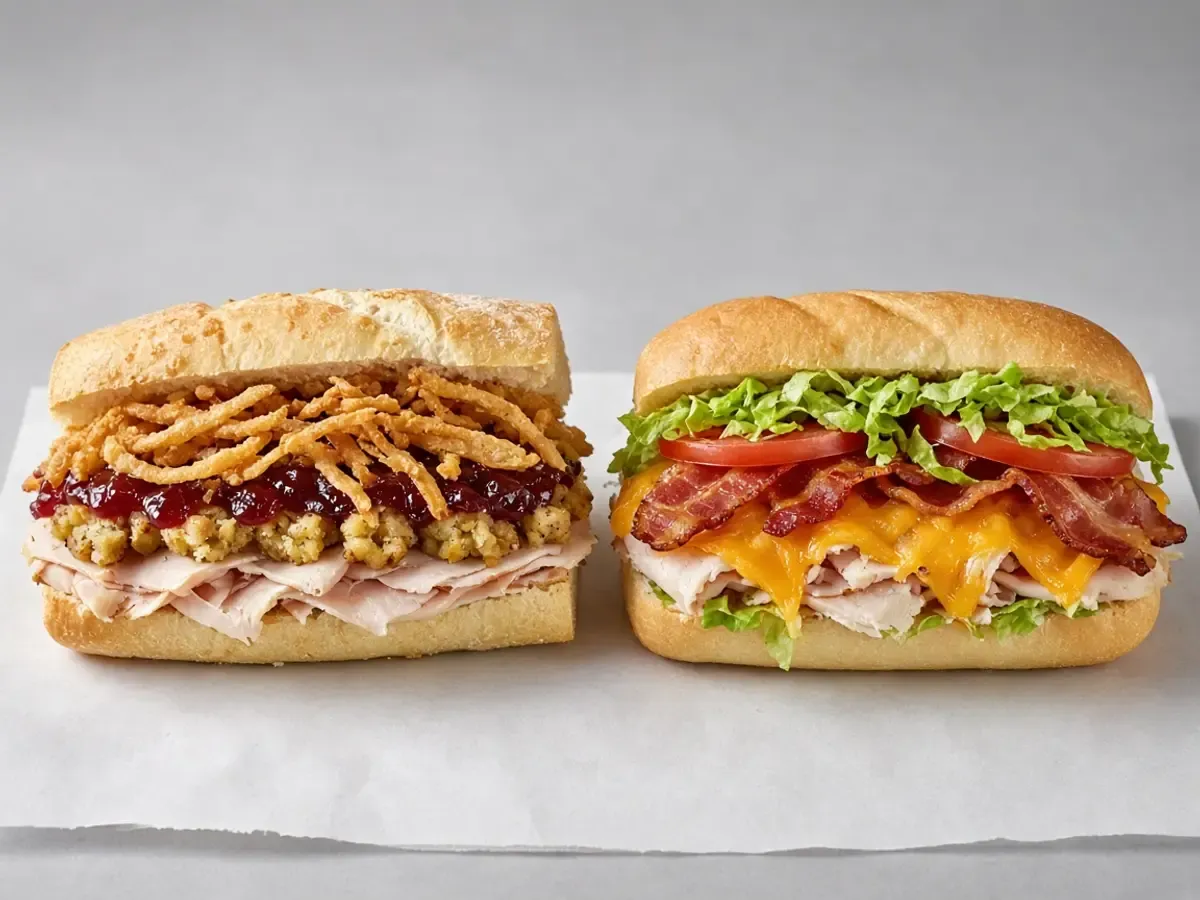 Original food photograph of a Gobbler sub and a Club sub side by side on deli paper, with no logo.