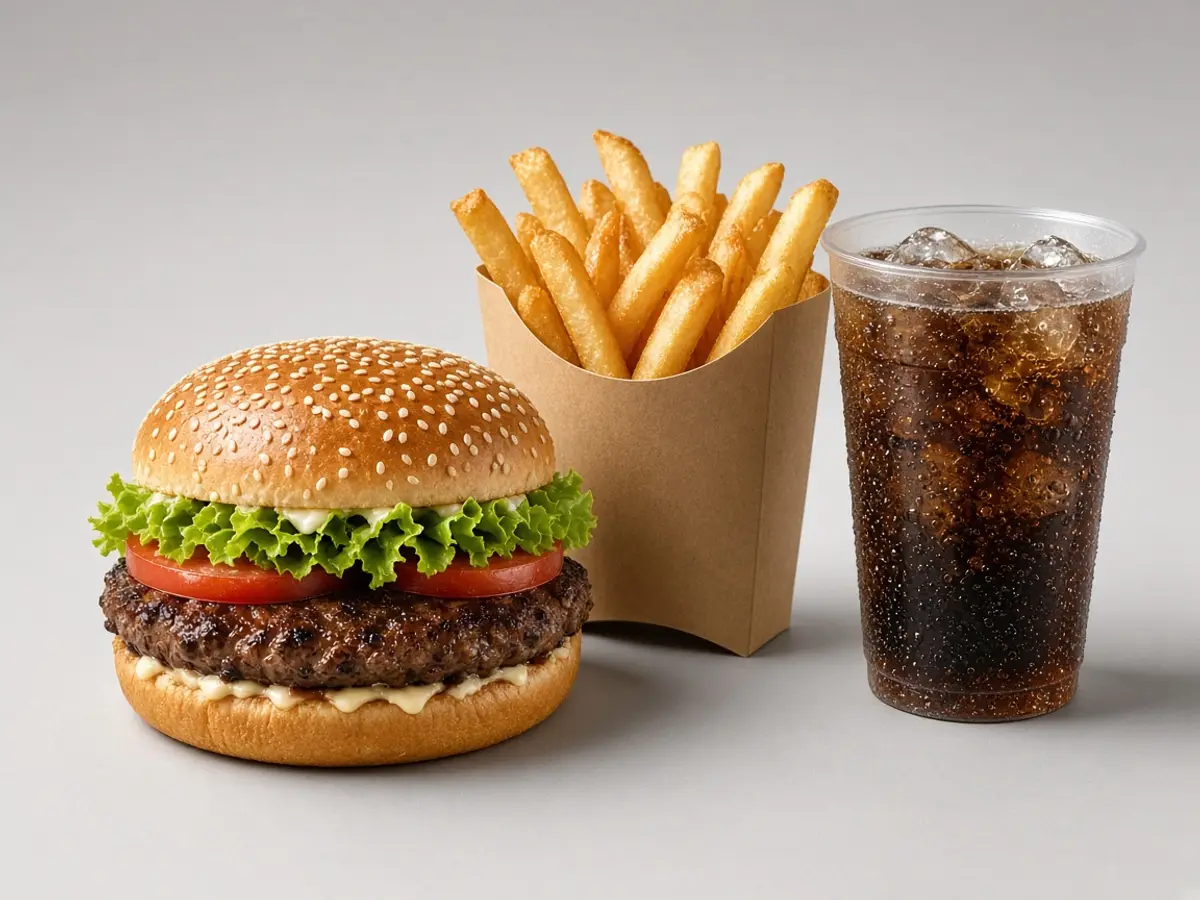 Original food-photo illustration of a sesame-bun burger meal with fries and a plain drink on a tray for Burger King Whopper menu prices, not an official logo or product photo.