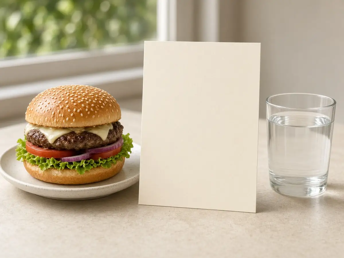 Original food-photo illustration of a sesame-bun burger beside a blank card and a glass of water for Burger King Whopper menu prices, not an official logo or product photo.