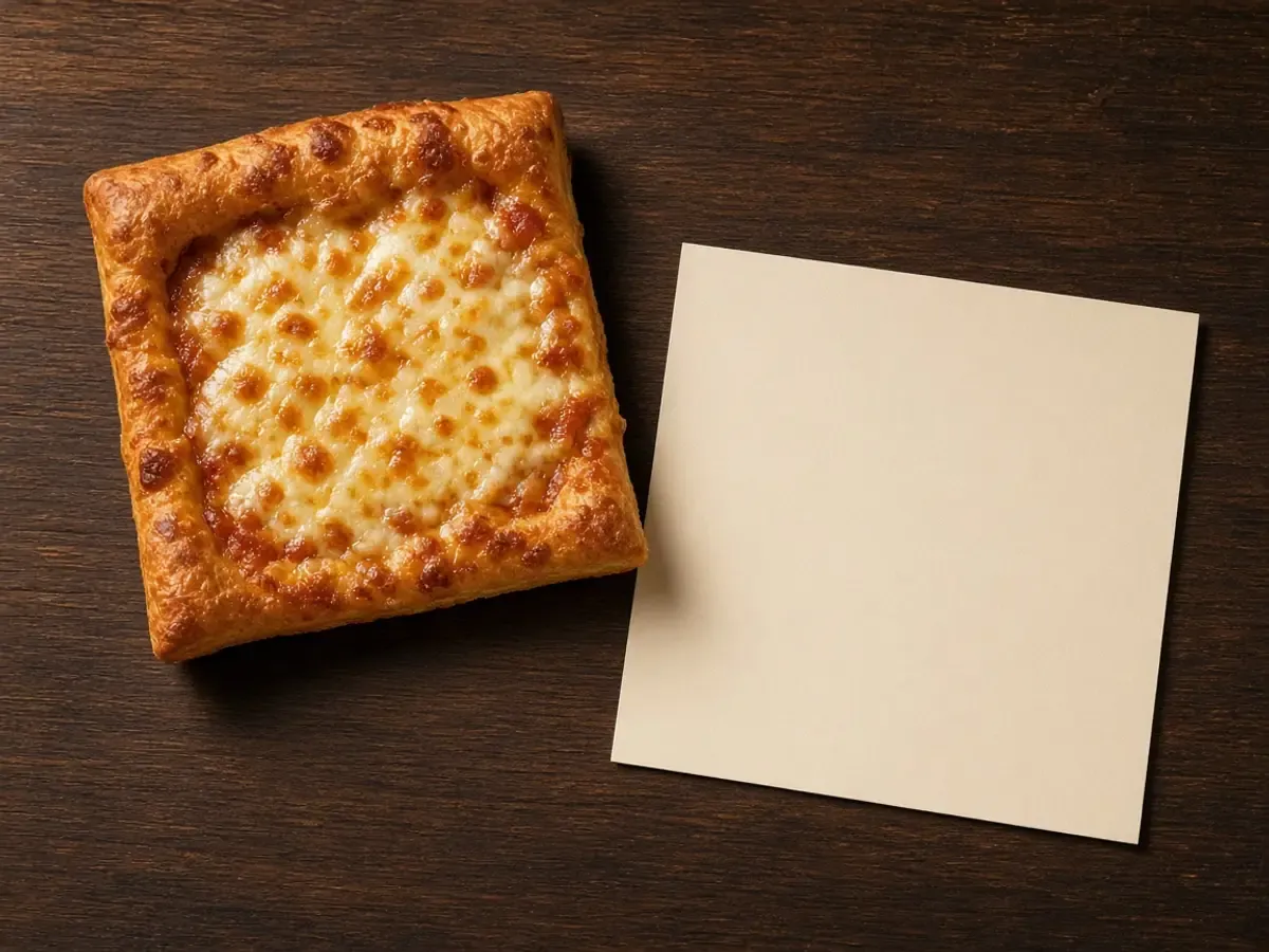 Original food photograph of a square cheese pan-pizza slice beside a blank card with no printing and no logo.