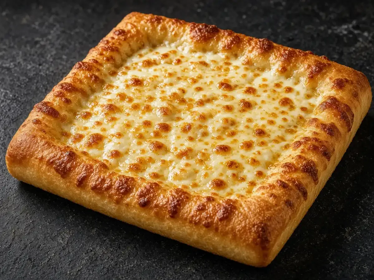 Original food photograph of a square cheese pan pizza with a thick crust and a browned cheese edge, with no logo.