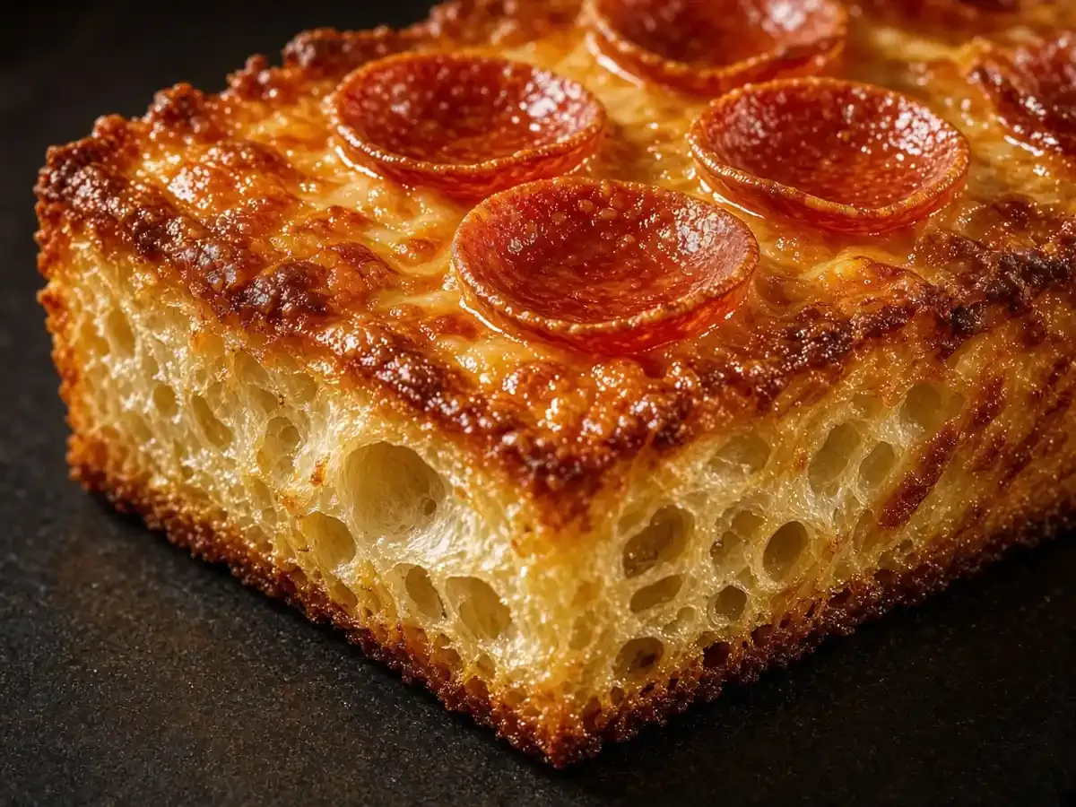 Original food photograph of a square pan pizza cut to show a fluffy interior crumb and a crisp browned bottom, with no logo.
