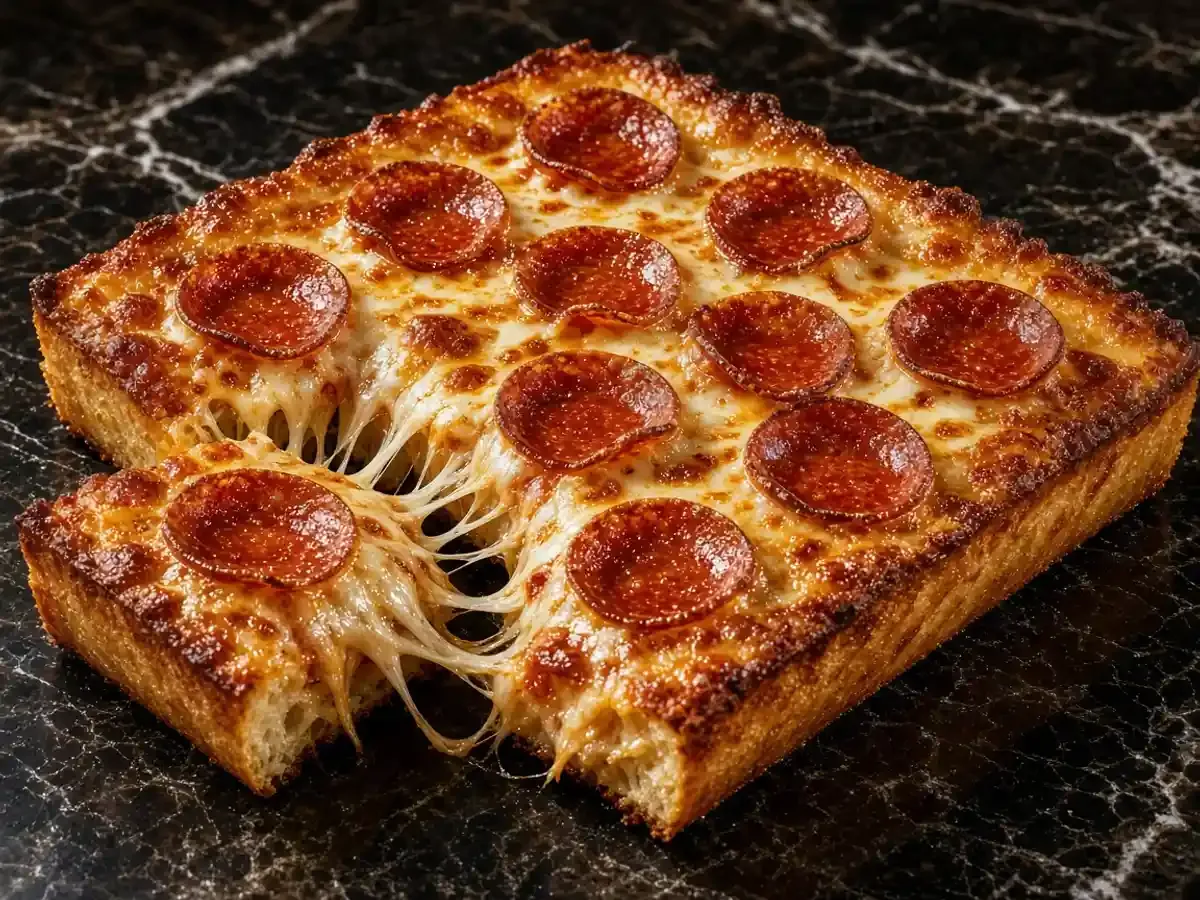 Original food photograph of a square pepperoni pan pizza with a thick golden crust and a cheese pull, with no logo.