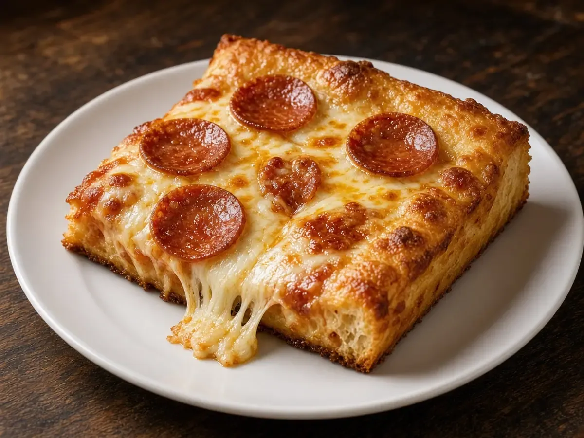 Original food photograph of one square pepperoni pan-pizza slice on a plain plate, showing a tall crust, with no logo.