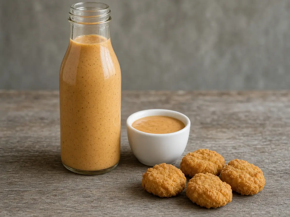 Original food photograph of a plain bottle of creamy orange sauce next to a small cup and chicken nuggets, with no brand label.