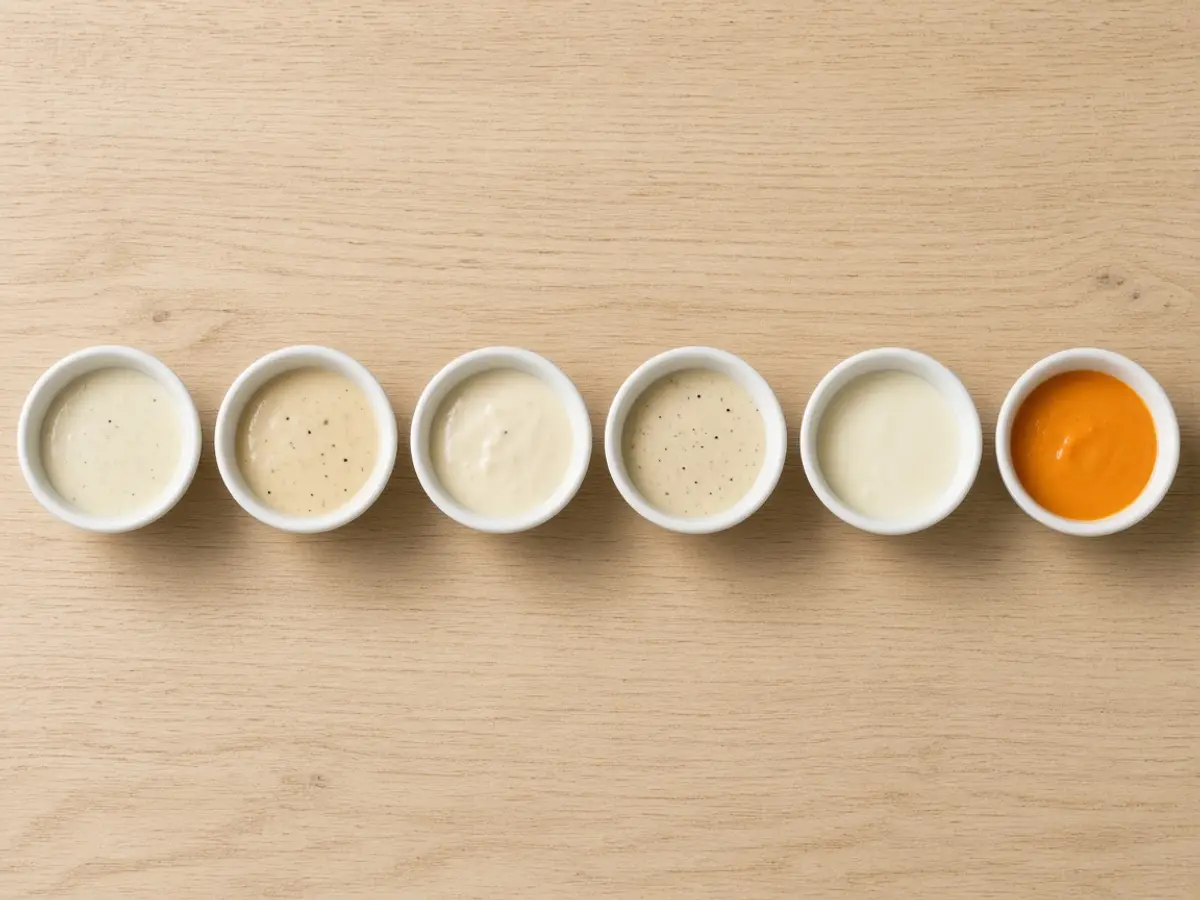 Original food photograph of plain white sauce cups in a row, one a deeper orange, for the new Chick-fil-A spicy sauce.