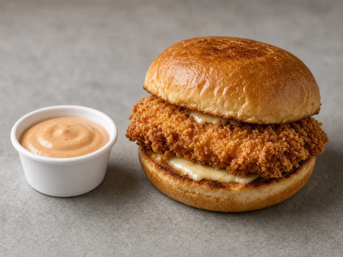 Original food photograph of a plain cup of creamy orange sauce beside a chicken sandwich for the new Chick-fil-A spicy sauce.