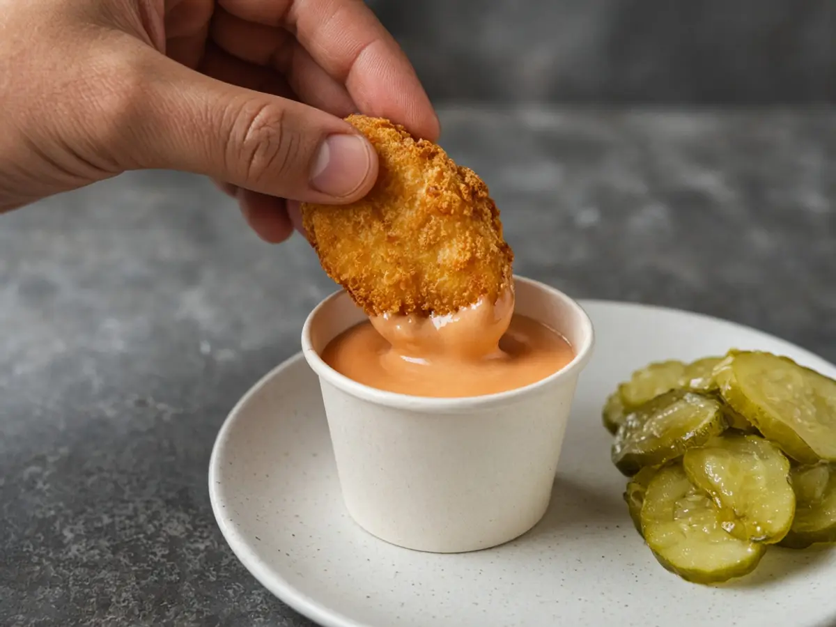 Original food photograph of a chicken nugget being dipped into a plain cup of creamy orange sauce, with no restaurant logo.