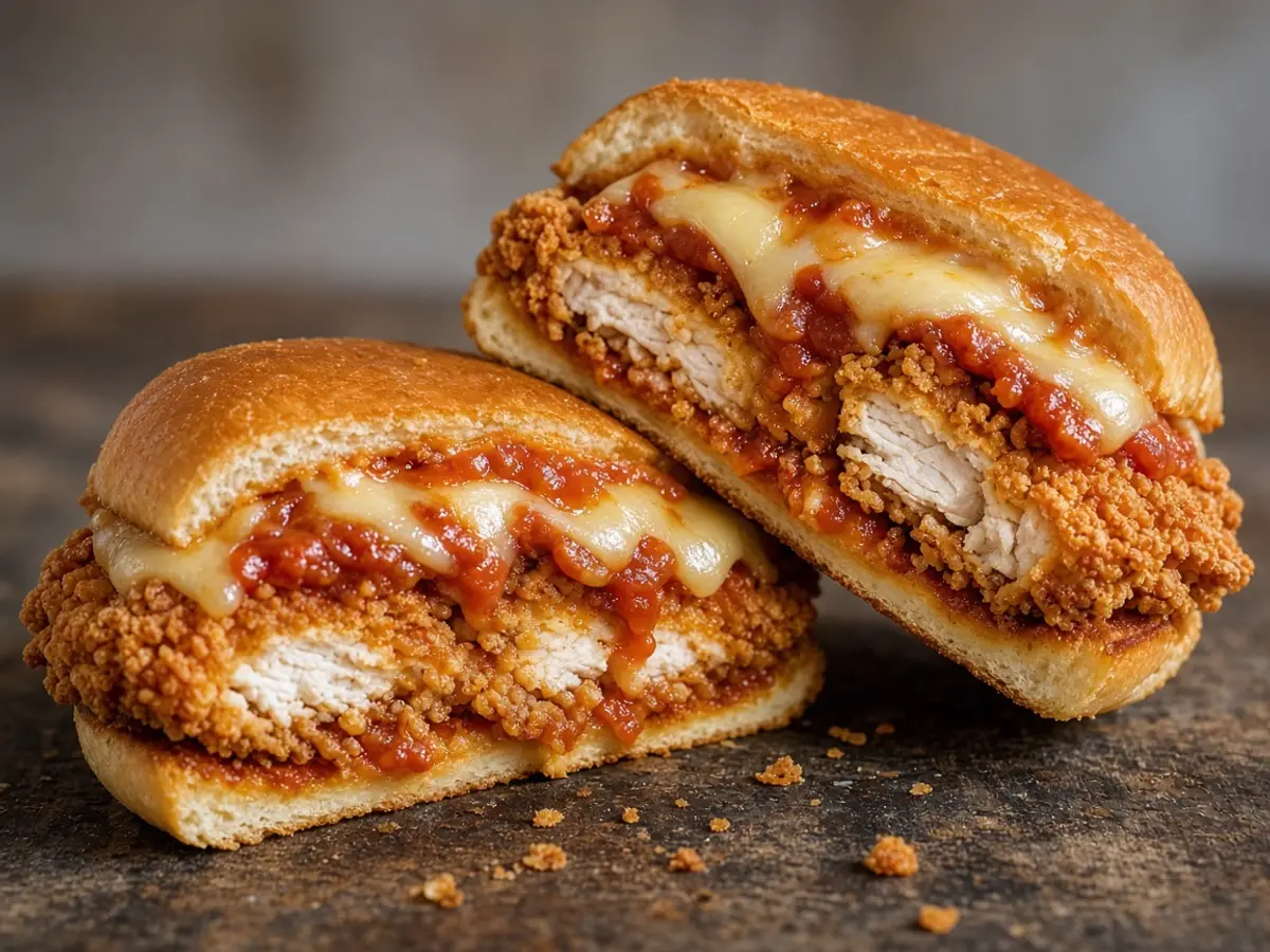 Original food photograph of a crispy chicken sandwich cut in half to show chicken, cheese, and marinara, with no logo.