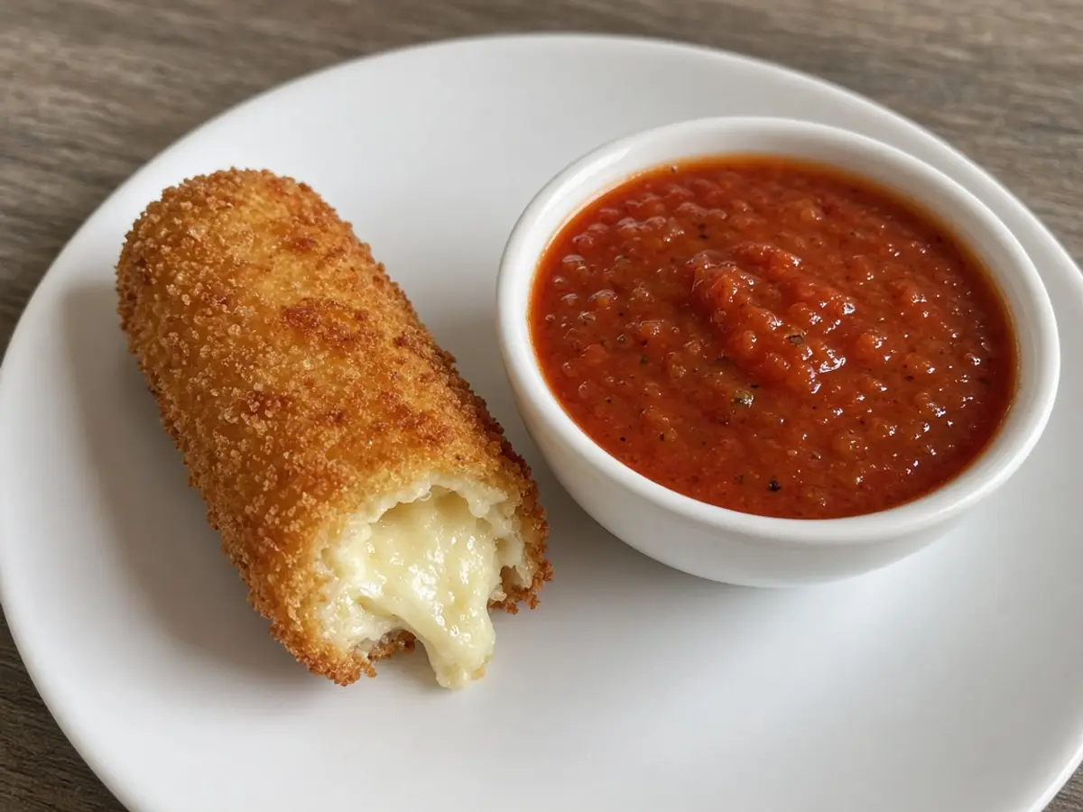 Original food photograph of a fried mozzarella stick beside a ramekin of marinara, with no logo.