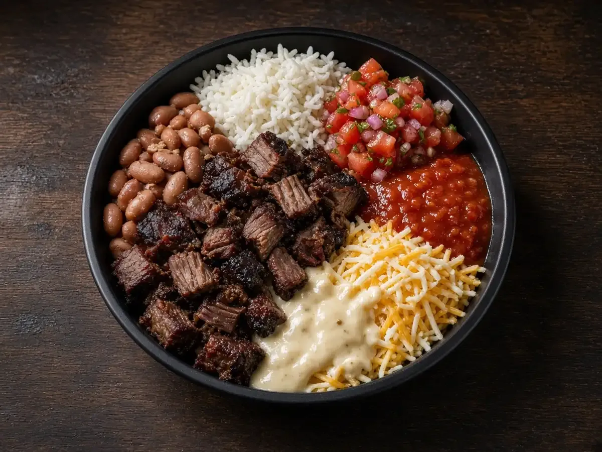 Original food photograph of a burrito bowl with chopped smoked brisket, rice, beans, salsa, and cheese, with no logo.