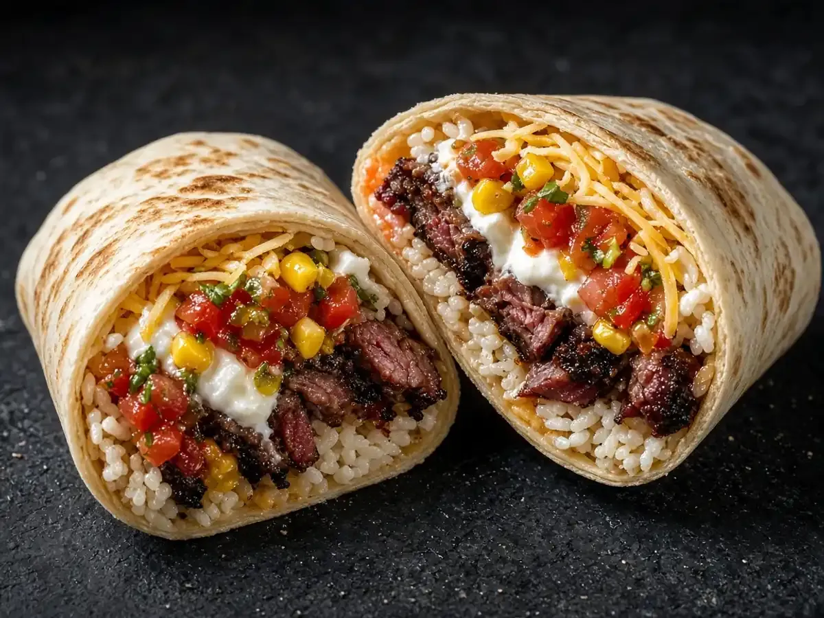 Original food photograph of a cut burrito showing rice, chopped brisket, salsa, corn, sour cream, and cheese, with no logo.