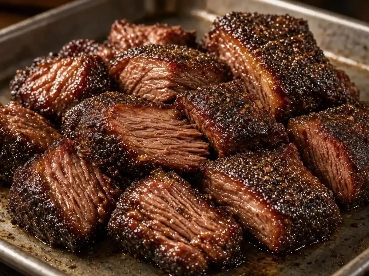 Original food photograph of hand-chopped smoked beef brisket with a dark seasoned bark, with no logo.