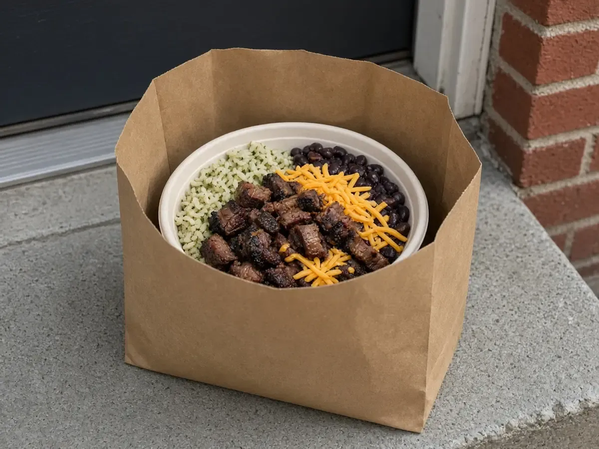 Original food photograph of a brisket bowl in a plain brown bag with no printing, with no logo.