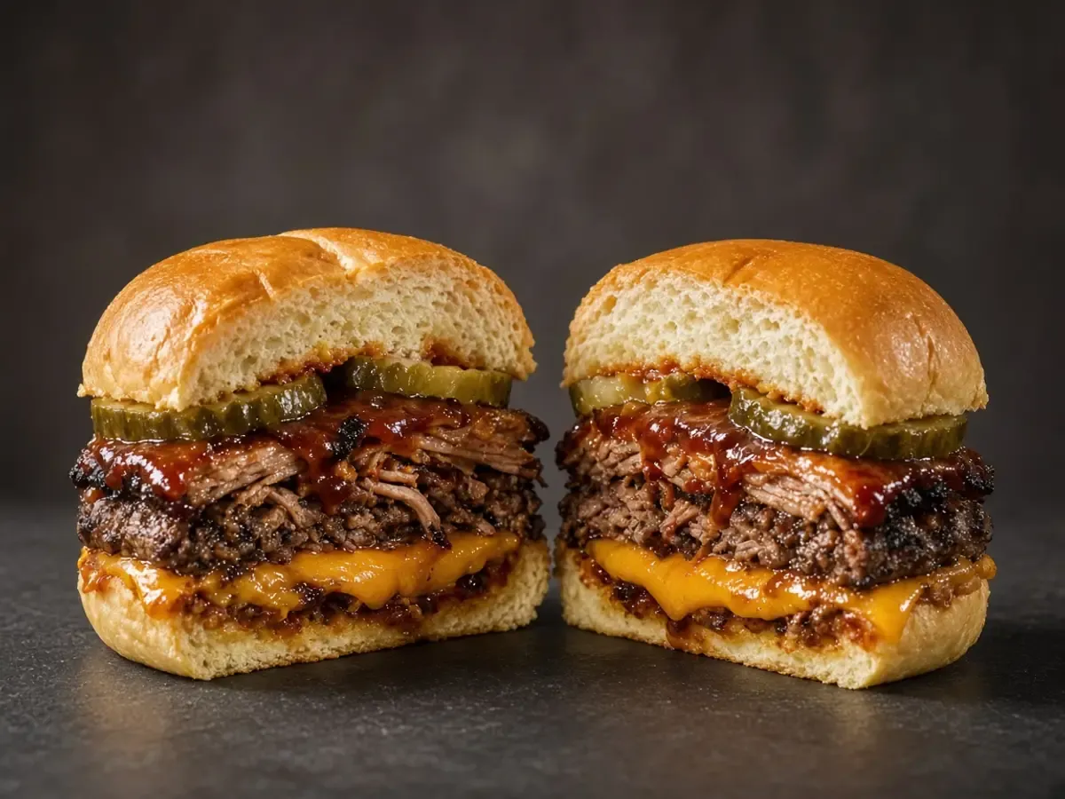 Original food photograph of a cut brisket burger showing beef, cheddar, pickles, and barbecue sauce, with no logo.
