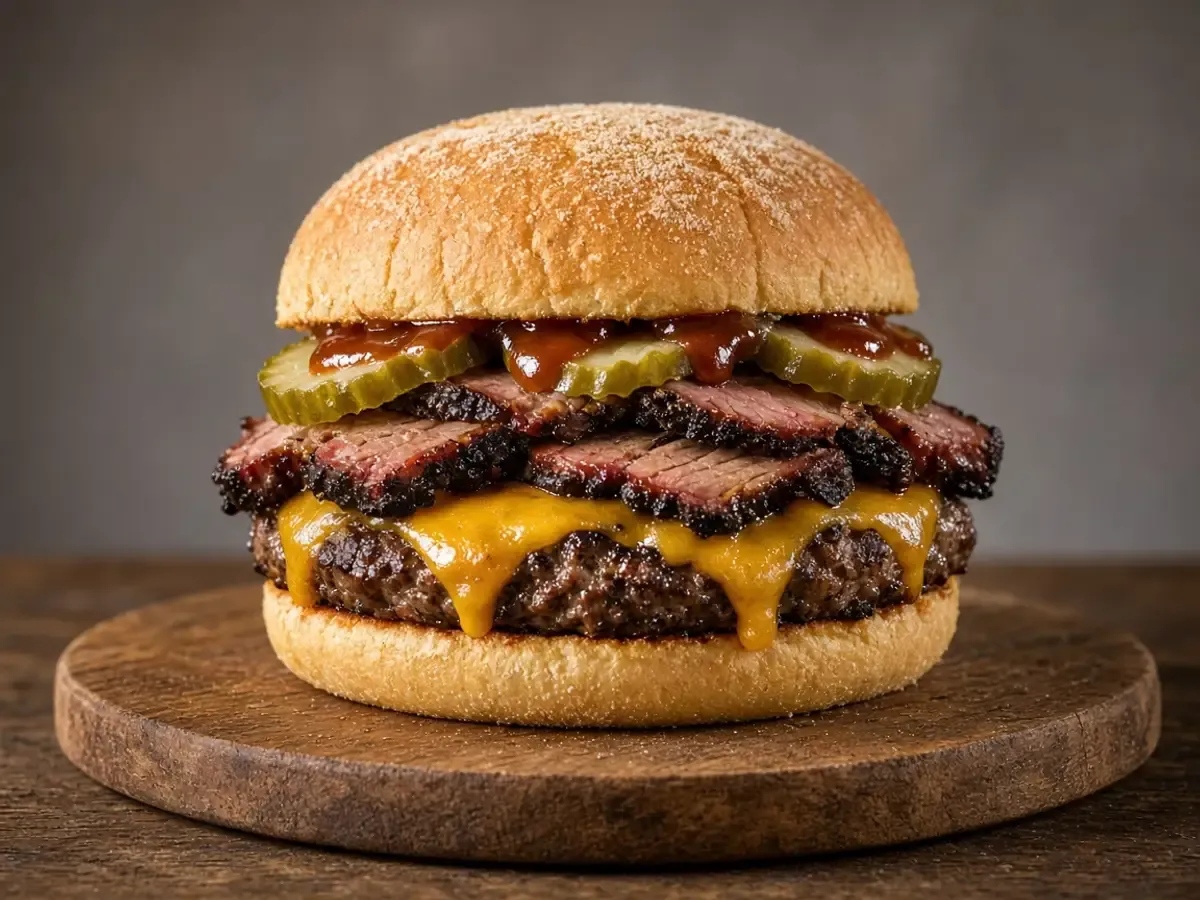 Original food photograph of a brisket burger with cheddar, pickles, and barbecue sauce on a potato bun, with no logo.