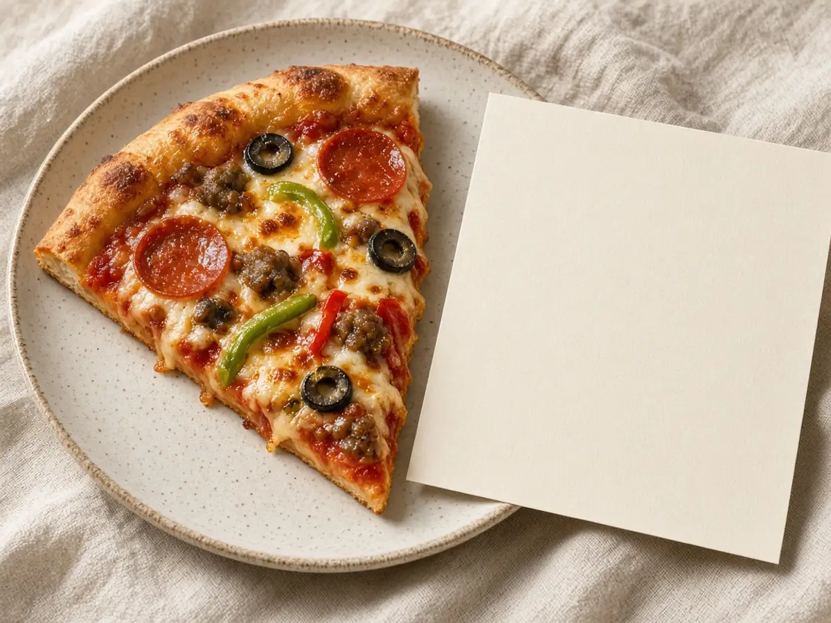 Original food-photo illustration of one slice of loaded pizza beside a blank card for Domino's ExtravaganZZa menu prices, not an official logo or product photo.