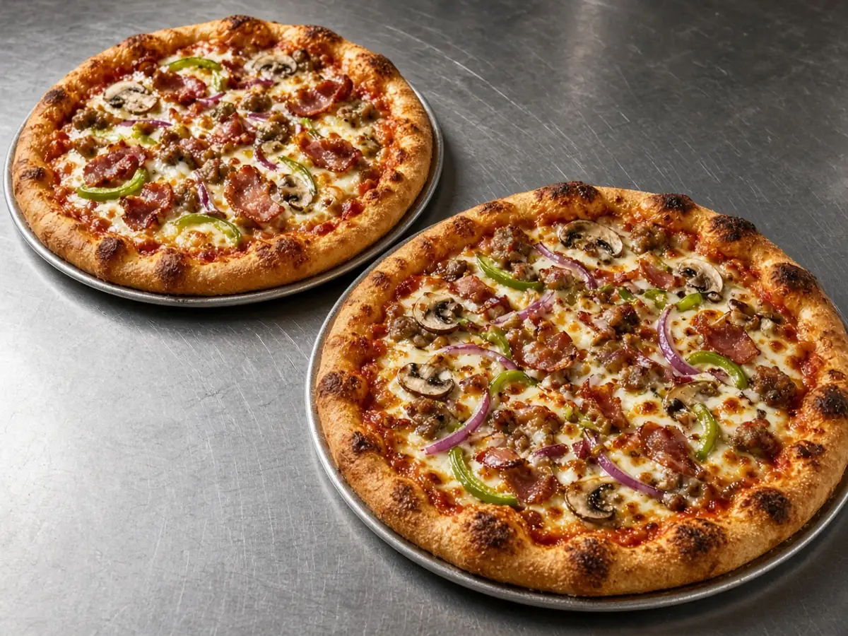 Original food-photo illustration of a medium loaded pizza beside a larger loaded pizza for Domino's ExtravaganZZa menu prices, not an official logo or product photo.