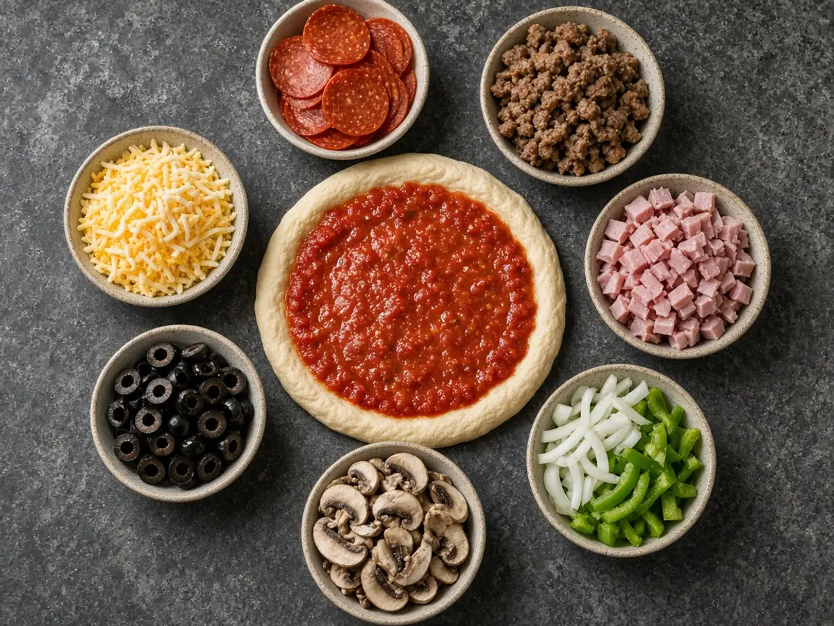 Original food-photo illustration of pepperoni, sausage, ham, peppers, onion, mushrooms, and olives around a crust for Domino's ExtravaganZZa menu prices, not an official logo or product photo.