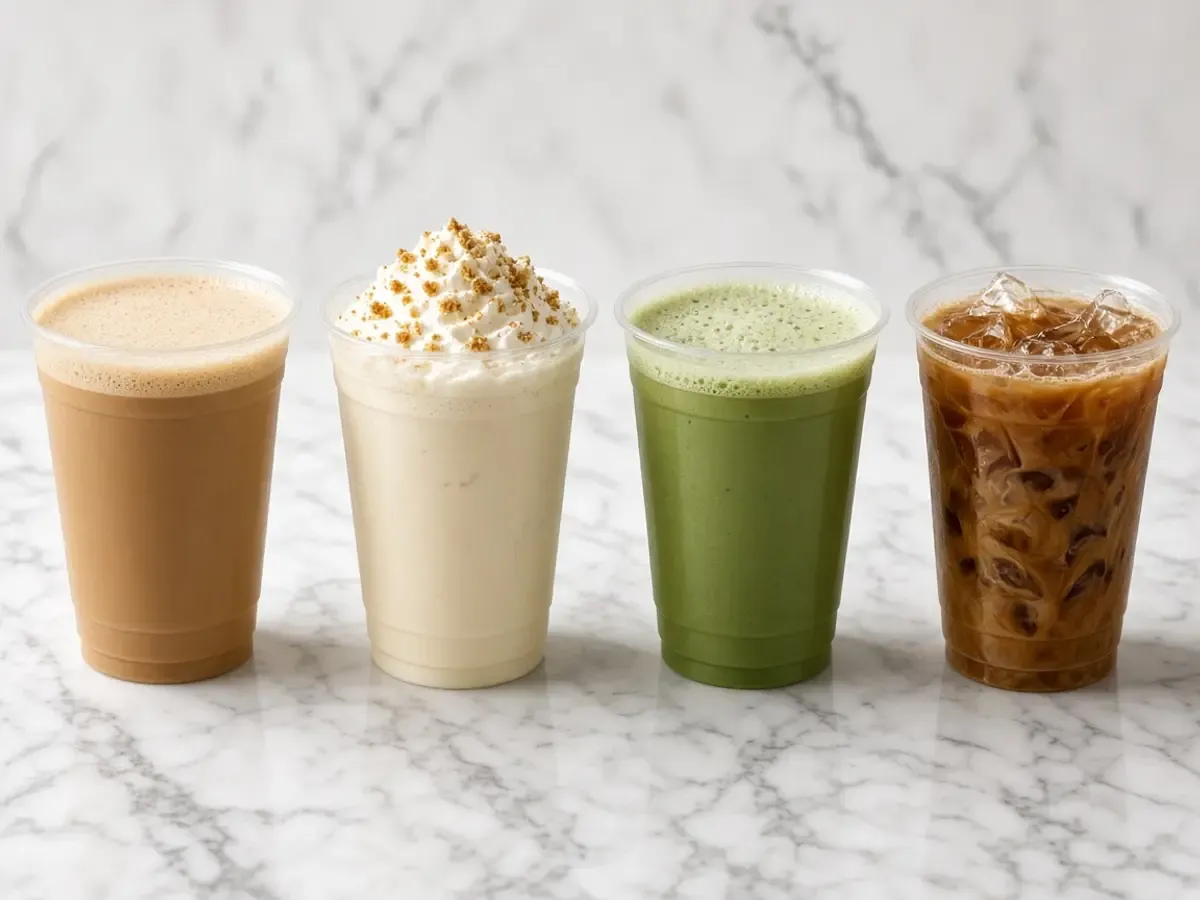 Original drink photograph of four holiday coffees and a matcha in clear cups, with no logos.