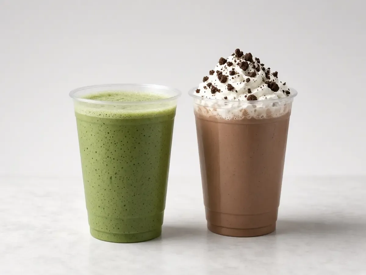 Original drink photograph of a green matcha beside a hot chocolate with whipped cream, with no logo.