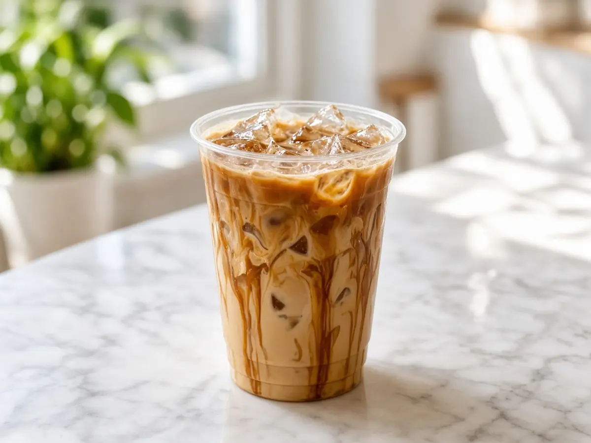 Original food photograph of an iced coffee with caramel streaks in a clear cup, with no logo and no sleeve.