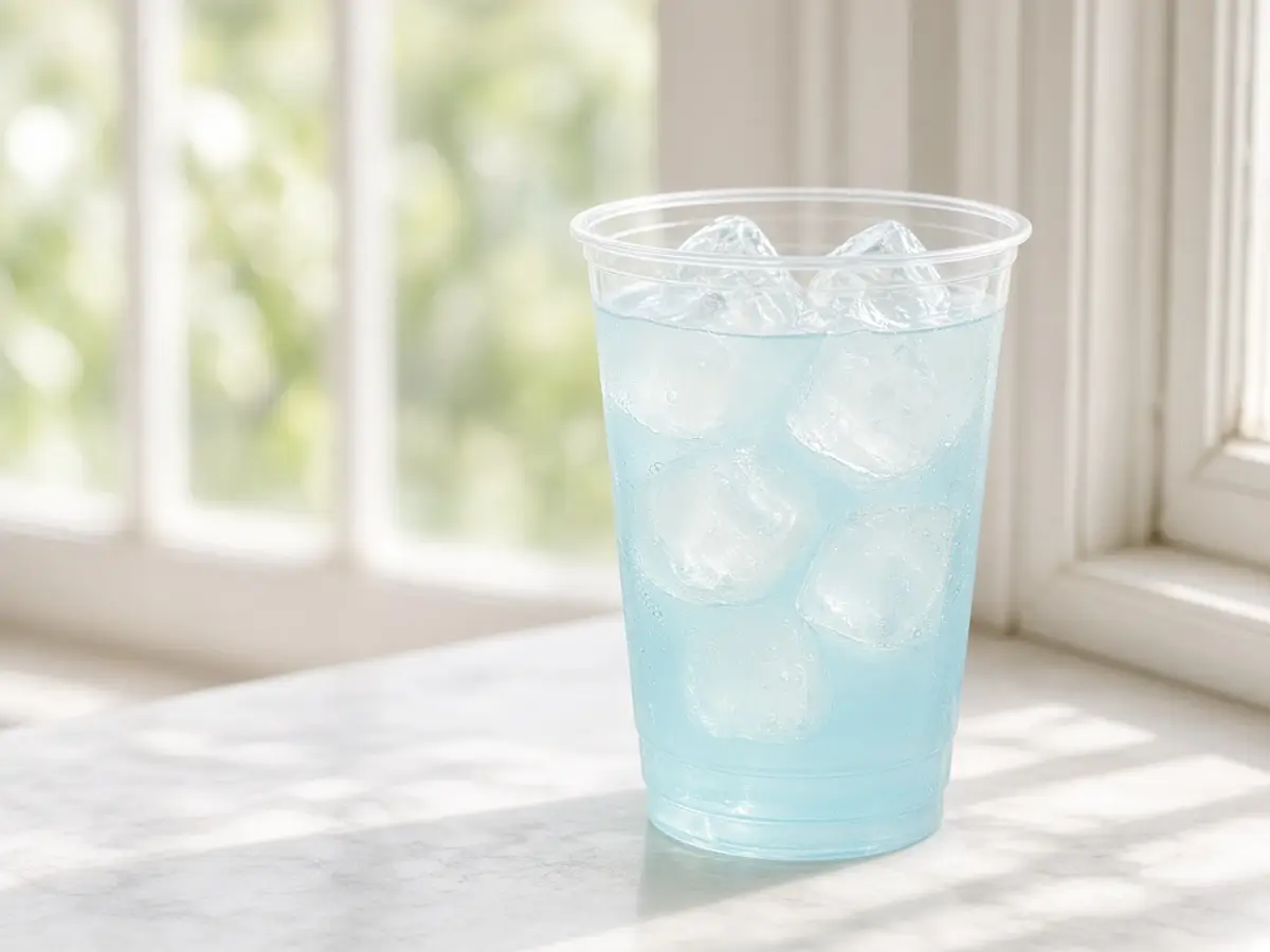 Original food photograph of a pale blue lemonade in a clear cup with ice, with no logo and no characters.