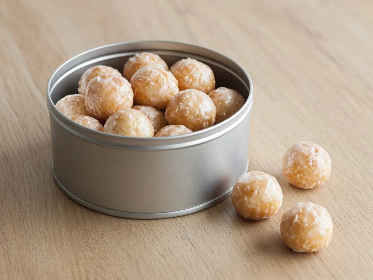 Original food photograph of a plain metal tin of glazed donut holes, with no characters, no logo, and no readable text.