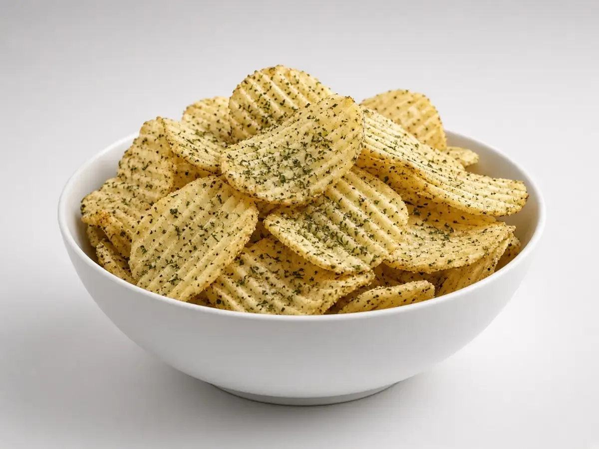 Original food photograph of ridged potato chips dusted with green dill seasoning in a plain white bowl, with no logo.