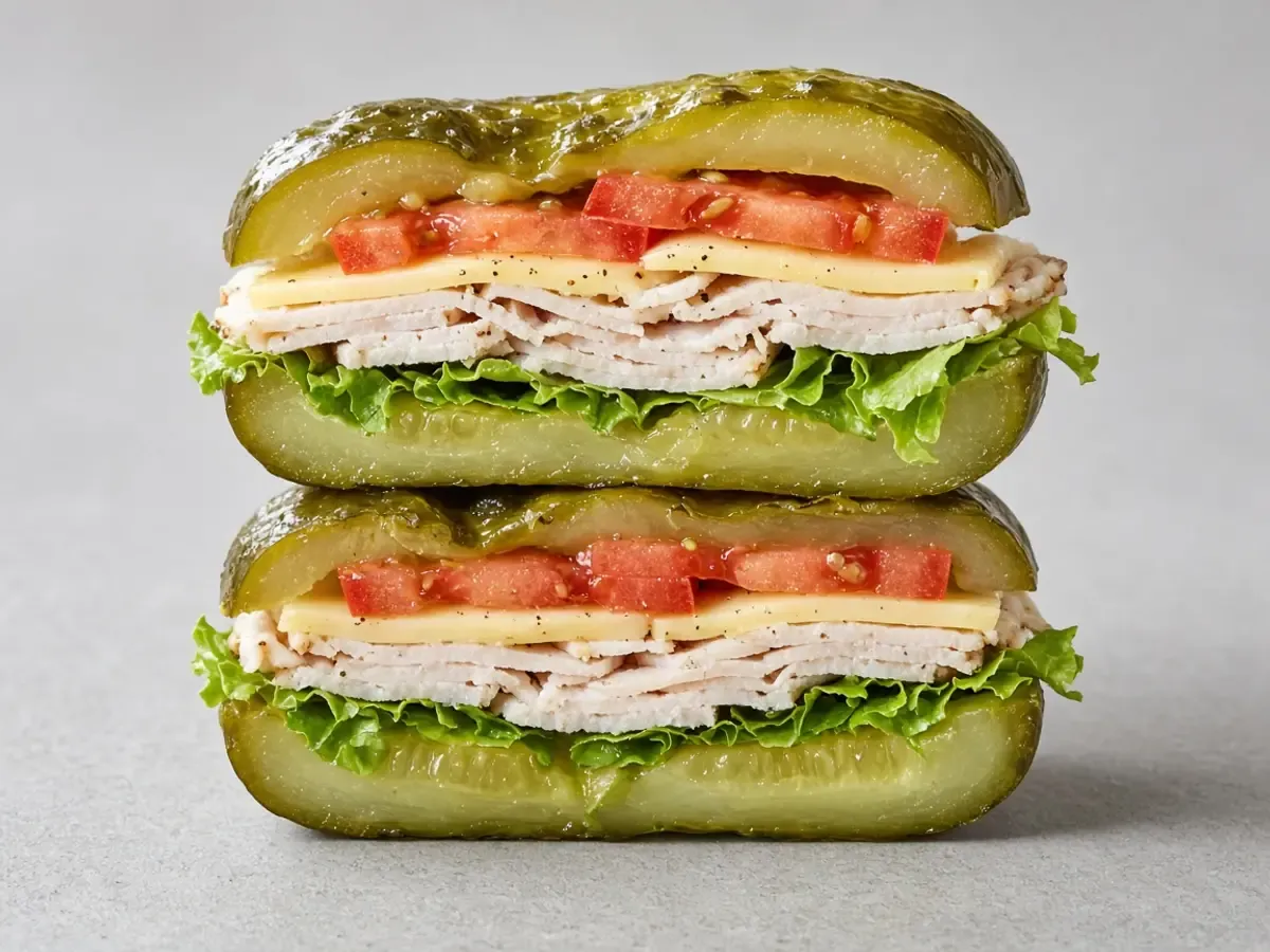 Original food photograph of a pickle sandwich cut open to show turkey, cheese, lettuce, and tomato inside the pickle, with no logo.