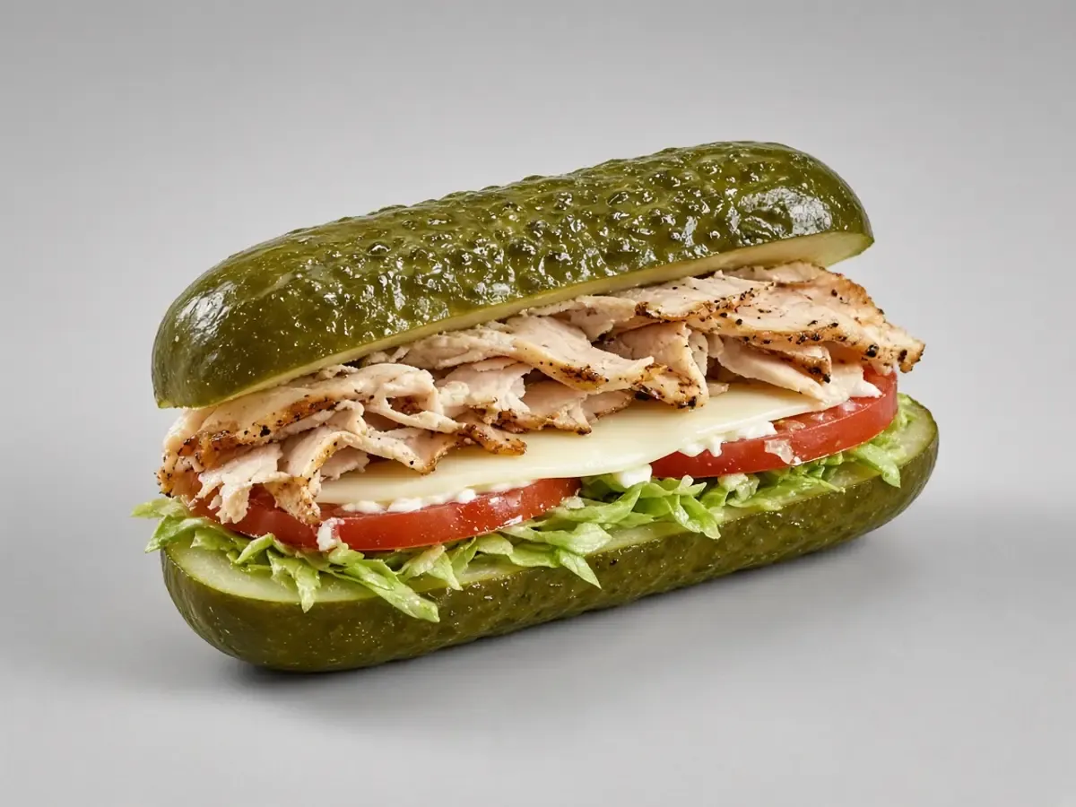 Original food photograph of a dill pickle sandwich filled with turkey, cheese, lettuce, and tomato on a gray studio surface, with no logo.