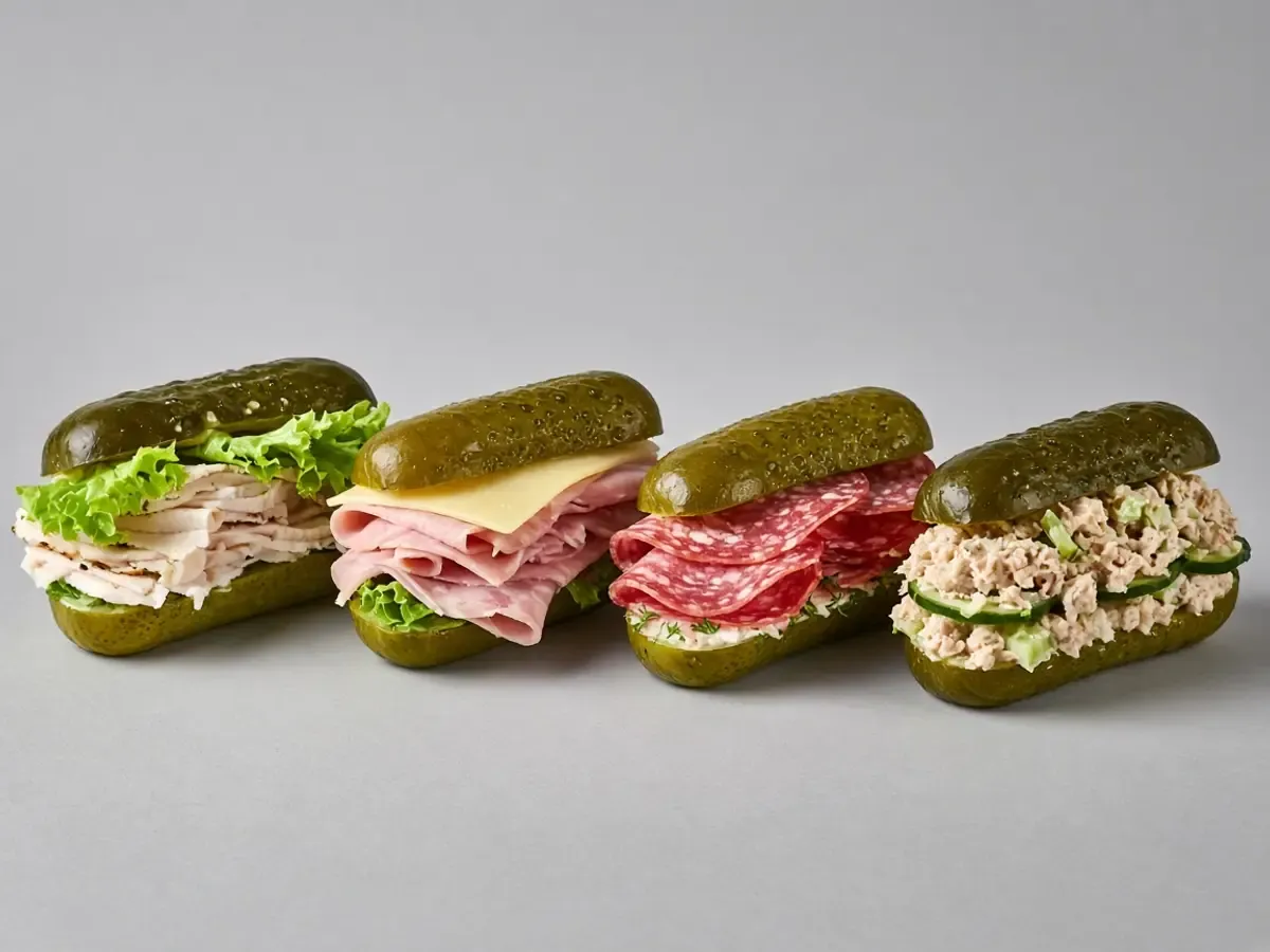 Original food photograph of four pickle sandwiches with turkey, ham, salami, and tuna fillings, with no labels and no logo.