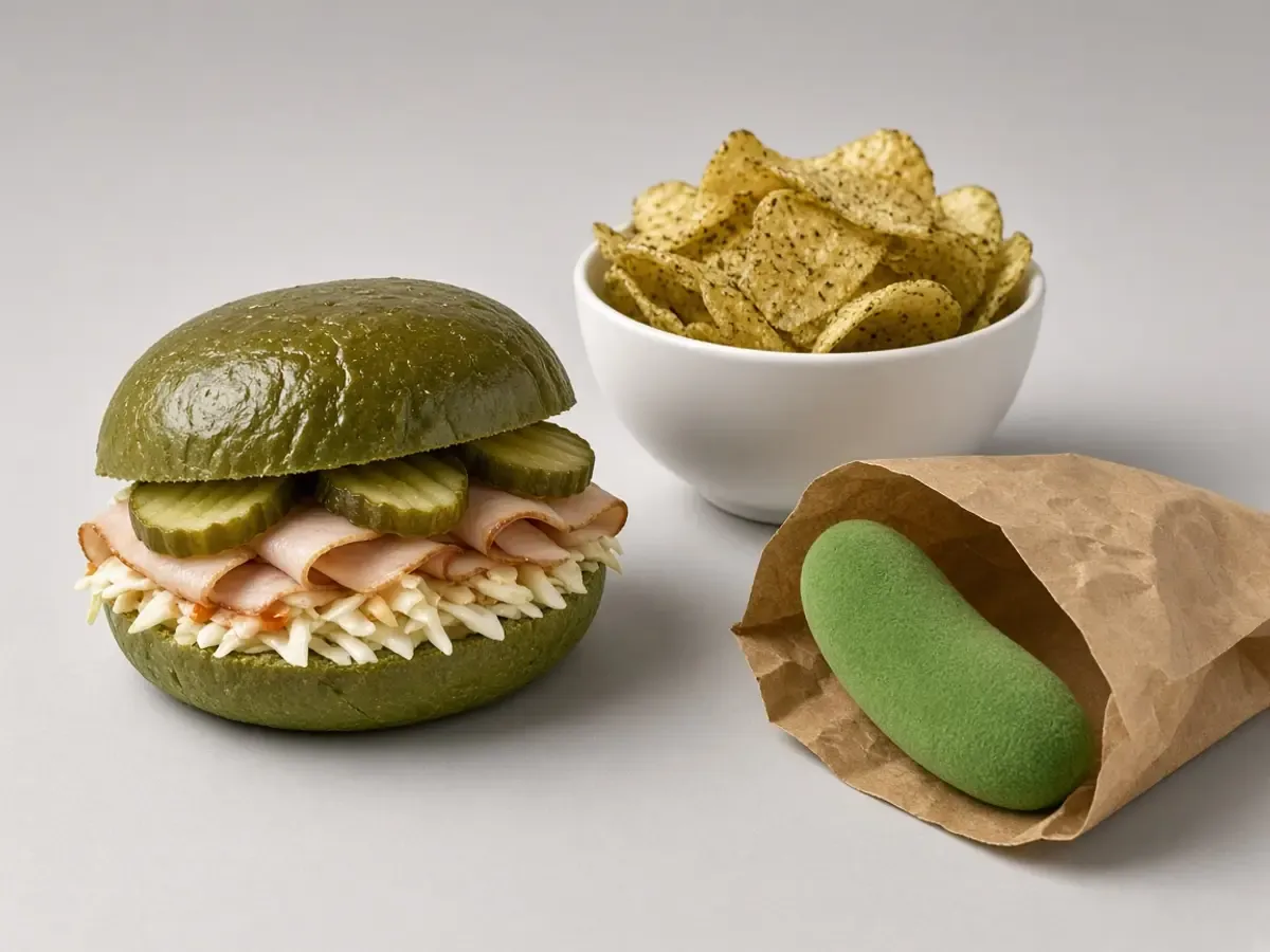 Original food photograph of a pickle sandwich, green-seasoned chips, and a plain faceless green pickle plush in a blank bag, with no logo.