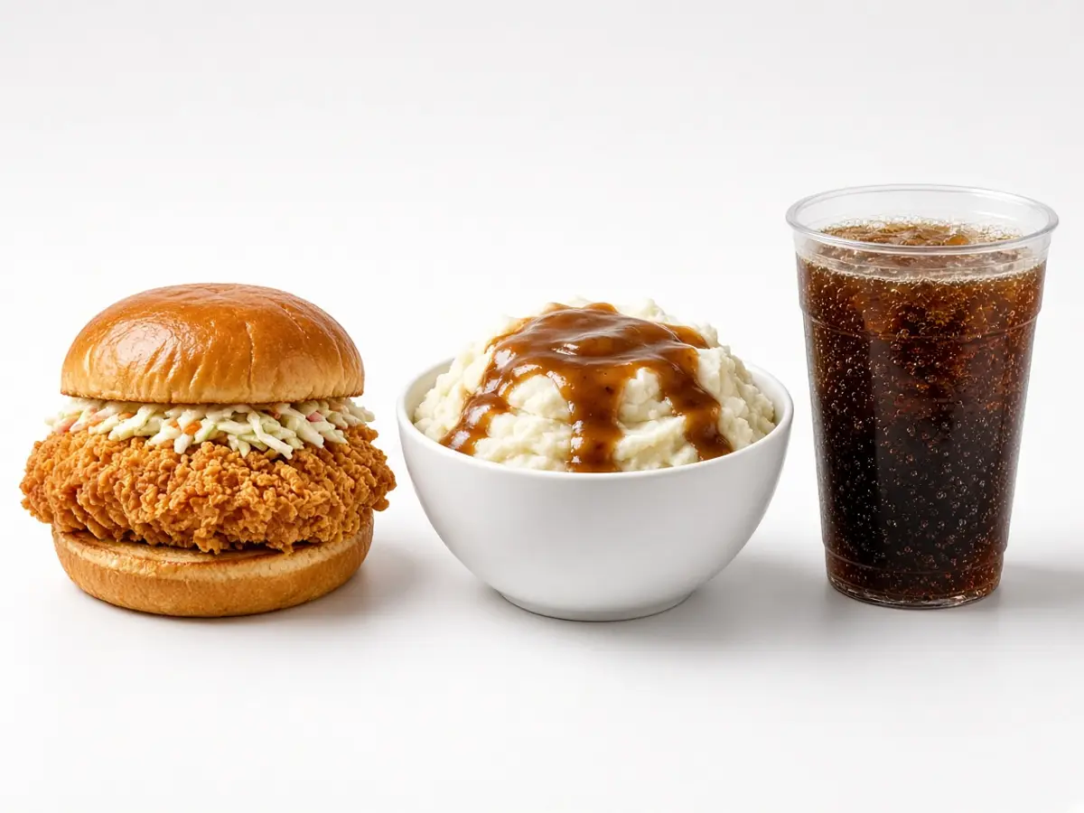 Original food-photo illustration of a fried chicken sandwich meal with mashed potatoes and a plain drink for KFC Chicken Sandwich menu prices, not an official logo or product photo.