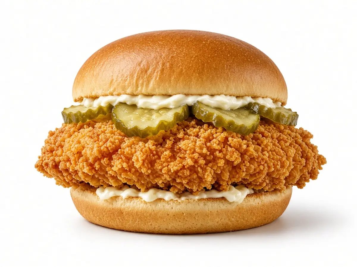 Original food-photo illustration of a crispy fried chicken fillet with pickles and mayonnaise on a bun for KFC Chicken Sandwich menu prices, not an official logo or product photo.