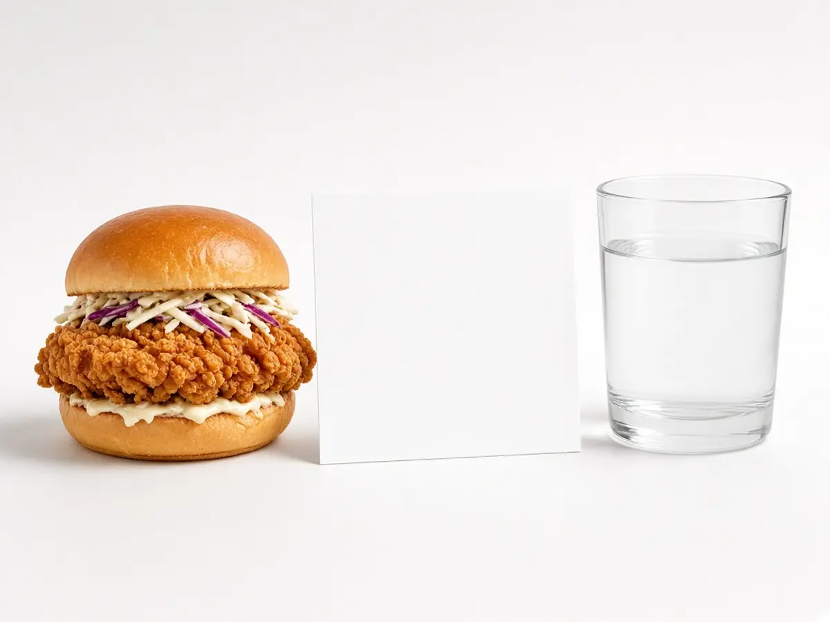 Original food-photo illustration of a fried chicken sandwich beside a blank card and a glass of water for KFC Chicken Sandwich menu prices, not an official logo or product photo.