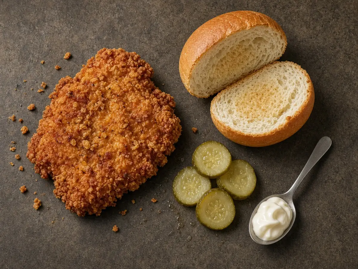 Original food-photo illustration of a crispy chicken fillet, a bun, pickle chips, and mayonnaise for KFC Chicken Sandwich menu prices, not an official logo or product photo.