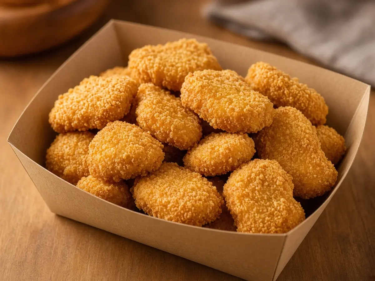 Original food photograph of a pile of breaded chicken nuggets in a plain paper boat, with no logo and no text.