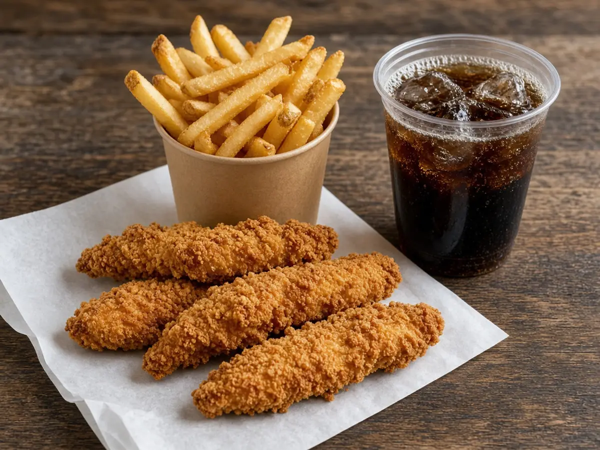 Original food photograph of chicken tenders, fries, and a plain soda, with no logo and no brand text.